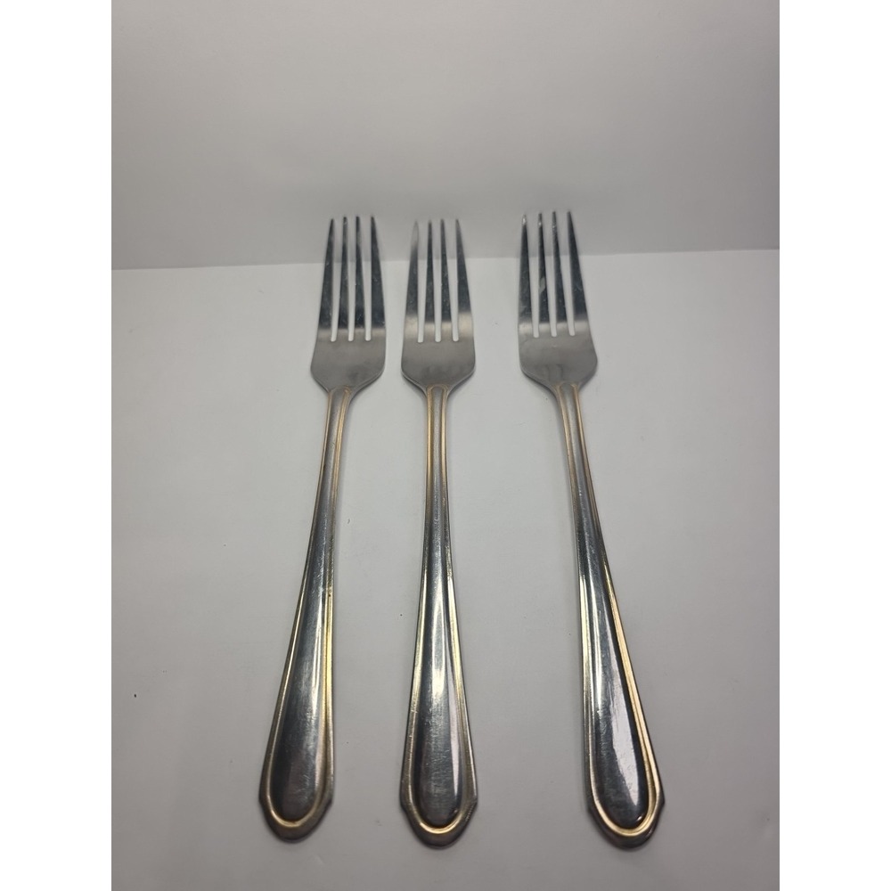 Set Of 3 Hampton Silversmiths ABIGAIL Gold Edge Stainless Dinner Forks 8"
